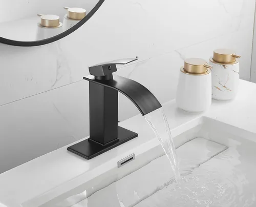Miniatura 3 de Grifo de baño negro de un solo agujero con una manija para lavabo de baño, cascada, montaje en cubierta, grifo mezclador de baño comercial