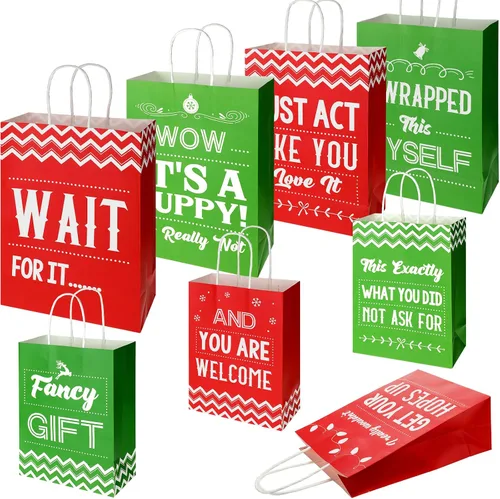 Miniatura 8 de Zonon 8 bolsas de regalo divertidas de Navidad con asas, bolsas de favor de fiesta de Navidad rojas y verdes con frases humorísticas, suministros