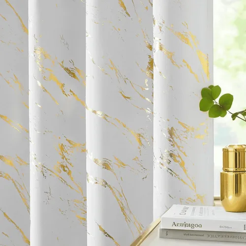 Miniatura 22 de WUBODTI Cortinas 100% Opacas de Mármol Beige de 63 Pulgadas de Largo 2 Paneles, Cortina Corta con Ojales de Impresión de Lámina Dorada Moderna