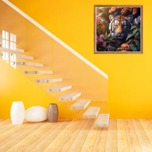 Miniatura 3 de Bimkole Kits de arte de diamantes 5D para adultos, flores alrededor del tigre, set de bordado de pedrería DIY animal de taladro completo, pintura