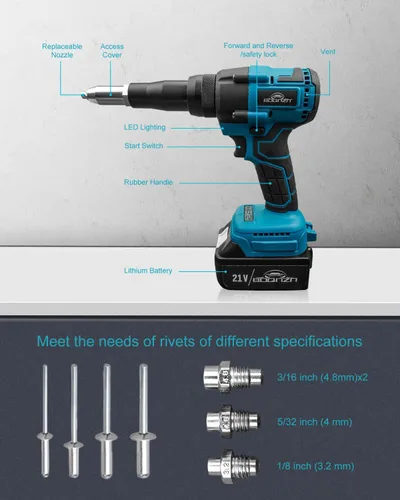 Miniatura 4 de Pistola de Remaches Inalámbrica con Cargador y 2 Baterías, Kit de Herramienta de Remaches Ciegos Eléctrica sin Escobillas, Pistola de Remaches