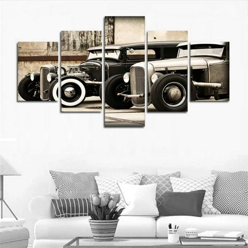 Miniatura 3 de LiftGather Póster modular HD impreso en lienzo, marcos de pintura para sala de estar, arte de pared, 5 piezas de Hot Rod vintage, fotos de automóvil