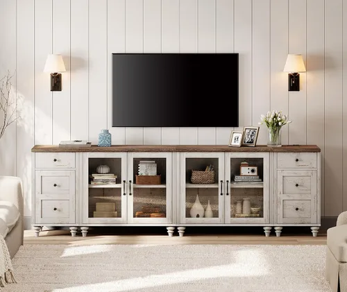 Miniatura 10 de WAMPAT Soporte de TV grande para TV de 100 pulgadas, mesa consola de TV vintage para TV de 85, 90 y 95 pulgadas, centro de entretenimiento con Blanco