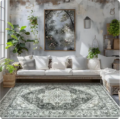 Miniatura 3 de Alfombra de área para sala de estar: alfombra grande lavable a máquina de 9 x 12 pies, diseño bohemio vintage medallón suave, alfombra fina