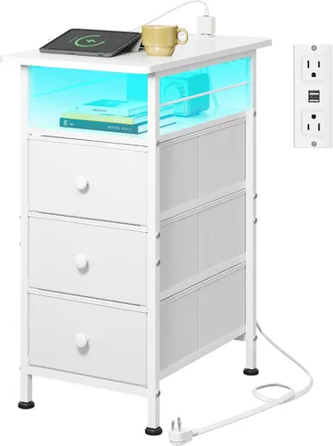 Miniatura 10 de WLIVE Mesa auxiliar estrecha con estación de carga, mesa auxiliar con luces LED, 3 cajones de tela y estante abierto, mesas auxiliares de cama