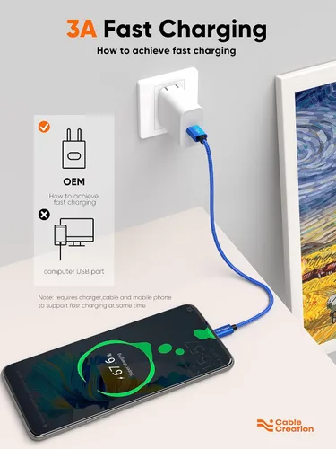 Miniatura 3 de CableCreation Cable USB A a USB C corto de 1 pie, cable USB C trenzado de 3A de carga rápida, macho USB C a macho USB, para Power Bank, Galaxy S23