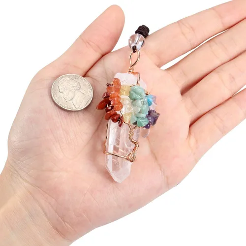 Miniatura 11 de Jovivi - Collar con dije de cuarzo de cristal natural envuelto en alambre con la forma de árbol de la vida de piedras preciosas, regalo ideal