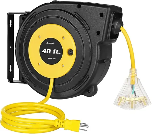 Miniatura 15 de DEWENWILS Carrete de cable de extensión retráctil, cable de alimentación resistente de 40 pies, 12 AWG/3 C SJTOW, 3 tomas de tierra iluminadas
