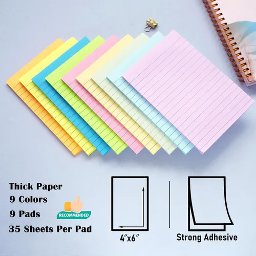 Miniatura 2 de HQCME Paquete de 9 Notas Adhesivas Rayadas de 4X6 pulgadas Post, 9 Colores Pastel Grandes Notas Post Adhesivas Rayadas Coloridas con Super Poder
