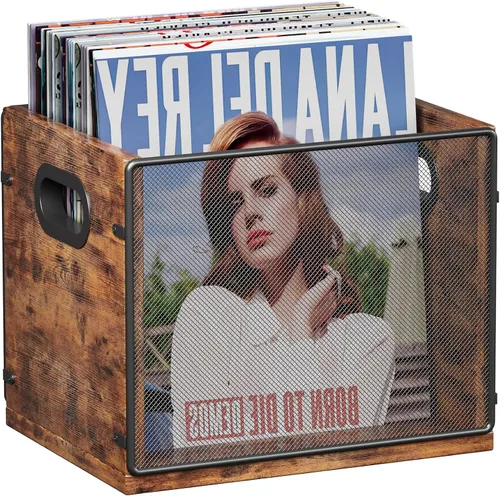 Miniatura 2 de Homeiju Caja de discos de madera y metal, soporte y organizador de álbumes de vinilo, con capacidad para hasta 60 discos