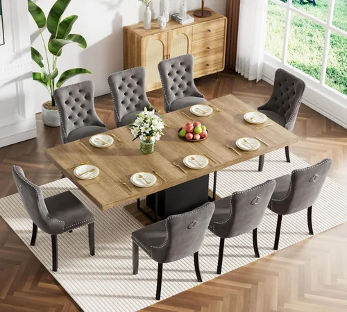 Miniatura 114 de Juego de mesa de comedor extensible marrón de 63 a 78.74 pulgadas para 4, juego de mesa de comedor de 5 piezas con 4 sillas, mesa de cocina
