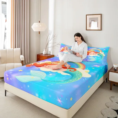 Miniatura 5 de Juego de sábanas bajeras con diseño de cola de sirena de sirena, juego de ropa de cama de escamas de pescado con purpurina, tamaño individual, juego