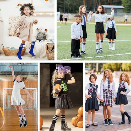 Miniatura 6 de Komorebi Calcetines de fútbol para niños, calcetines de tubo hasta la rodilla, calcetines de tres rayas de algodón, uniforme deportivo para niñas