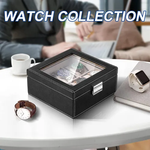 Miniatura 7 de BareTulip Caja organizadora de reloj para hombre, caja de reloj con 6 ranuras, caja de reloj de piel sintética con ventana de vidrio y cerradura