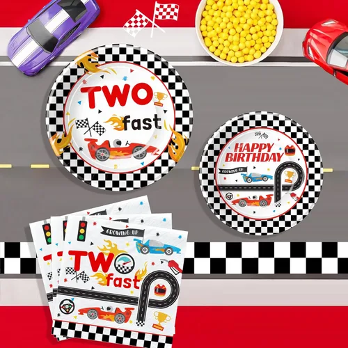 Miniatura 4 de Xigejob Vajilla con dos decoraciones de cumpleaños rápidas, suministros de fiesta de auto de carreras de 2º cumpleaños, vajilla de papel