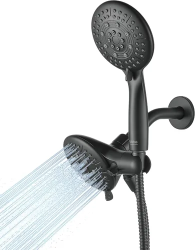 Cobbe Combo de cabezal de ducha doble, sistema de ahorro de agua 2 en 1 con manguera de acero inoxidable de 59 pulgadas, lluvia de 1.8 GPM y Negro