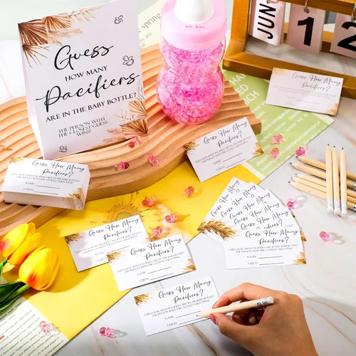 Miniatura 5 de Roowest 512 piezas de juegos de baby shower Adivina cuántos chupetes signo 100 pequeños juegos de adivinanzas, 10 lápices HB, botella de leche