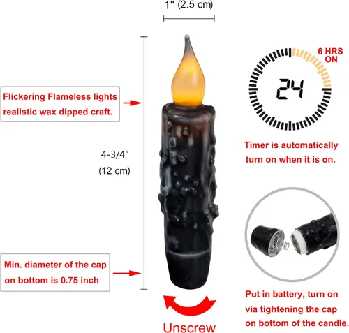 Miniatura 6 de CVHOMEDECO. Velas de cera real sumergidas a mano con temporizador LED con pilas, velas cónicas sin llama primitivas del país, 4-3/4 pulgadas, negro