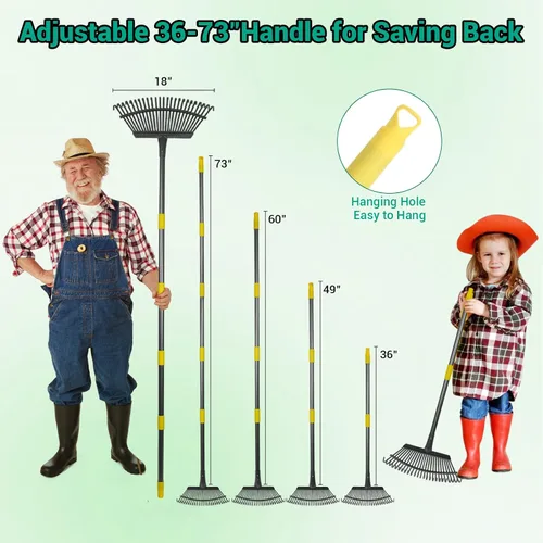 Miniatura 4 de Rastrillo de jardín ajustable para hojas de 36 a 73 pulgadas de mango largo, 18 pulgadas de ancho, resistente con 25 dientes de metal, incluye