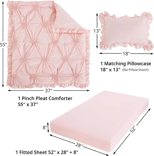 Miniatura 3 de HOMBYS Juego de ropa de cama de 3 piezas para cuna de princesa rosa para niñas, juego de edredón ultra suave rosa con pliegues pellizcados