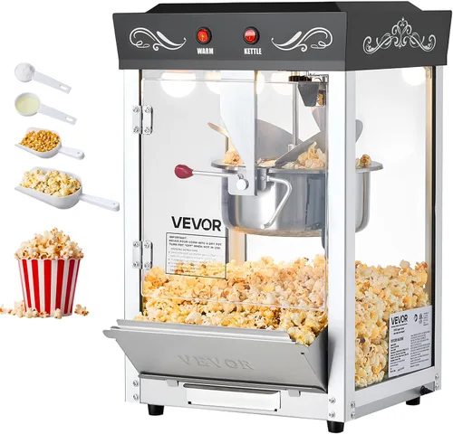 VEVOR Máquina de palomitas de maíz, hervidor de acero inoxidable de 8 onzas, máquina comercial de palomitas de maíz de 800 W, 48 tazas por lote Negro