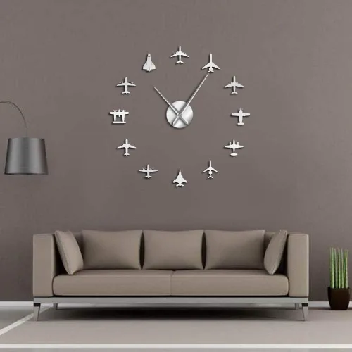 Miniatura 4 de The Geeky Days Flying Plane Fighter Jet - Reloj de pared grande sin marco, estilo acrílico, efecto espejo, adhesivo, avión, silencioso, cuarzo, Plata