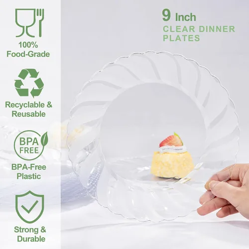 Miniatura 3 de U-QE 100 Piezas Platos de Plástico Transparente - Platos Desechables Transparentes de 9 Pulgadas - Lavables y Reutilizables - Platos Duros Premium