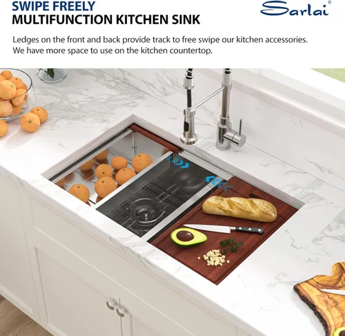Miniatura 4 de Sarlai 28 Fregadero de cocina bajo encimera de doble tazón - Fregadero bajo encimera de acero inoxidable de 28x19 pulgadas de calibre 16, con repisa