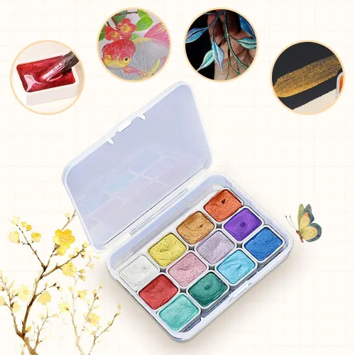 Miniatura 3 de Juego de pintura de acuarela de 12 colores, suministros de dibujo, juego de pinturas de acuarela metálicas brillantes, kit de pintura colorida