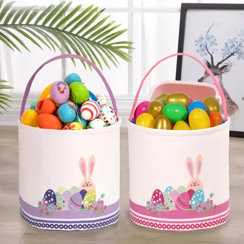 Miniatura 4 de LessMo - Canasta de conejito para huevos de Pascua, color púrpura, bonita, personalizable, de lona y algodón, canasta para búsqueda de huevos