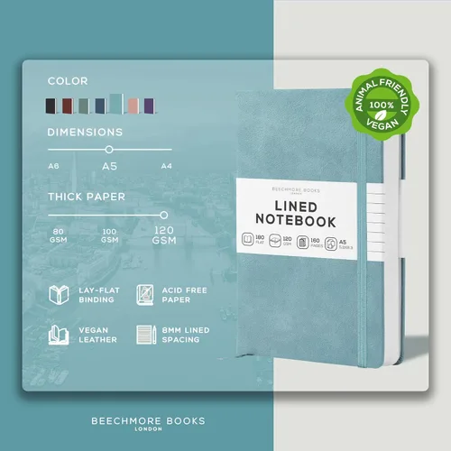 Miniatura 2 de BEECHMORE BOOKS Cuaderno rayado, 5.8 x 8.3 pulgadas, páginas rayadas A5, 160 páginas, diarios de cuero de tapa dura para mujeres, hombres, escritura