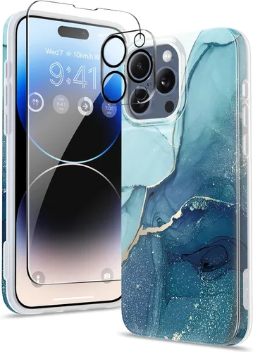 Miniatura 7 de GVIEWIN Funda de mármol para iPhone 15 Pro, con protector de pantalla y protector de lente de cámara