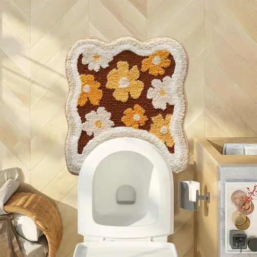 Miniatura 8 de PTAEXCEL Tapete de baño con diseño floral en forma de U, antideslizante, tapete de baño de felpa suave, microfibra absorbente, lavable a máquina