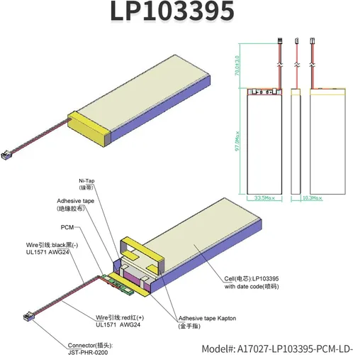 Miniatura 7 de Batería de polímero de litio de 3.7 V 3700 mAh 103395 recargable con cables y conector JST-PHR-02 de 2 pines para altavoz Bluetooth y dispositivo