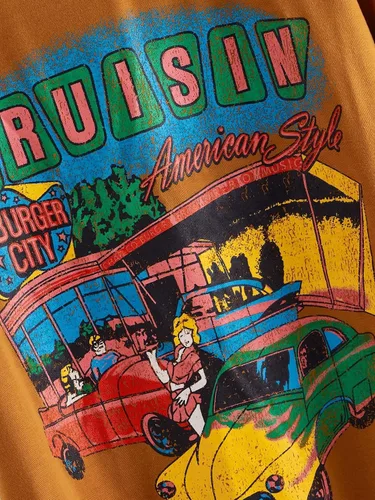 Miniatura 2 de SheIn - Camiseta de manga corta con cuello redondo y estampados de autos clásicos para mujer