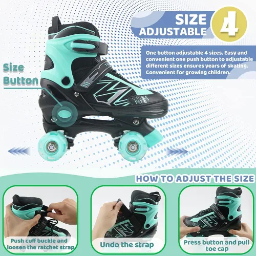 Miniatura 2 de Patines de ruedas para niños y niñas, niños pequeños, principiantes, ajustables, 4 tamaños, patines cuádruples para niños con todas las ruedas Verde