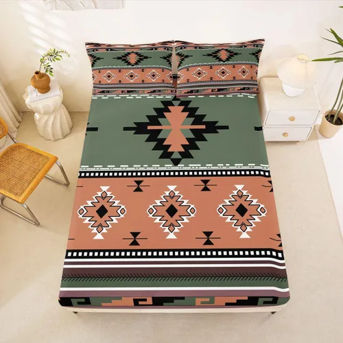 Miniatura 24 de Juego de ropa de cama de estilo bohemio occidental, tamaño individual, diseño de vaca atrapasueños, sábana bajera ajustable del suroeste, tribu