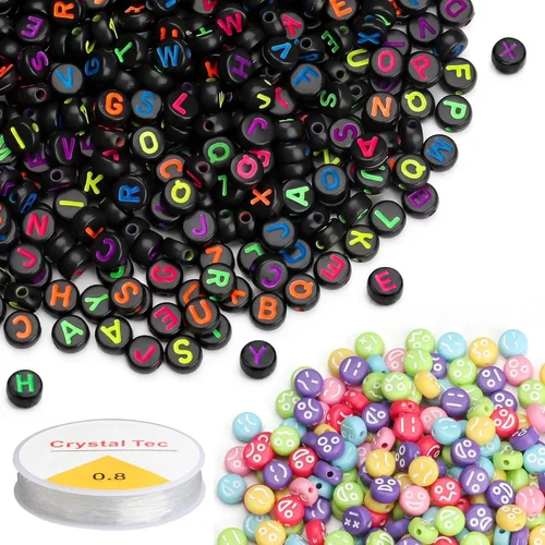 1500 cuentas de letras negras y emoticonos mixtos para enhebrar, cuentas redondas acrílicas de 0.15 x 0.27 pulgadas con 1 rollo de cuerda de cristal