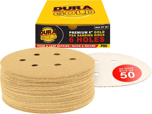 Miniatura 15 de Dura-Gold Premium 80, 120, 220, 320, 400 discos de papel de lija dorados de 6 pulgadas, patrón de 6 agujeros, sin polvo, 10 cada uno, 50 en total