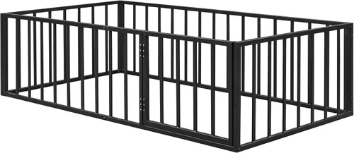 Miniatura 8 de Cama de suelo de tamaño individual para niños, camas Montessori con rieles y puerta, marco de cama de metal con valla para niños y niñas, color negro