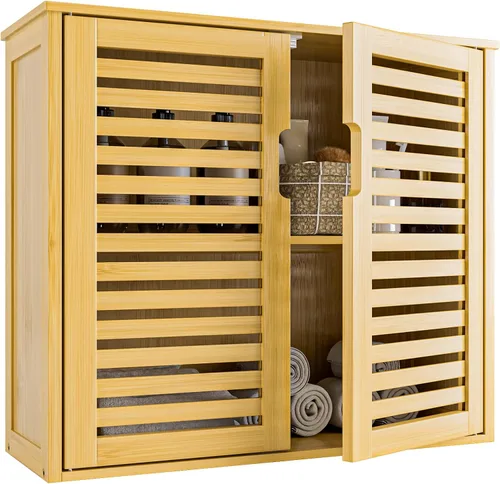 Miniatura 10 de HITNET Gabinete de almacenamiento de baño negro, gabinete de medicina colgante con estante ajustable, organizador de ahorro de espacio de bambú