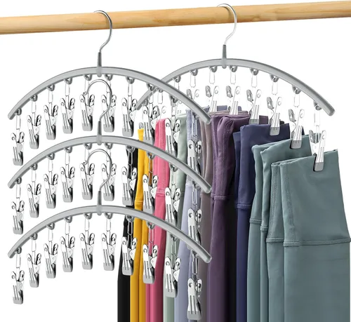 Volnamal Organizador de leggings para armario, colgador de metal para pantalones de yoga con revestimiento de goma, paquete de 4 con 10 clips para