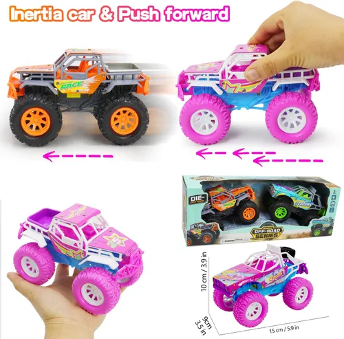 Miniatura 4 de Pink Toys Auto para niña pequeña, paquete de 2 camiones de juguete Push and Go de 6.3 pulgadas para niños de 3, 4, 5, 6 años, con luces LED, música