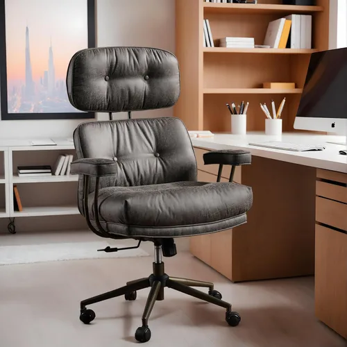 Miniatura 20 de Silla de oficina para el hogar con respaldo medio, silla de escritorio moderna de cuero de mediados de siglo, silla ejecutiva cómoda y giratoria