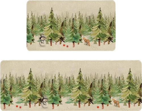Juego de 2 alfombras y tapetes de cocina de Feliz Navidad, zorro de los pinos, bosque nevado, ciervos, copos de nieve, vacaciones de invierno,
