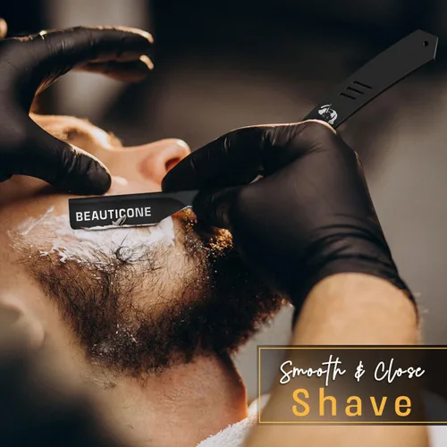 Miniatura 5 de BEAUTICONE Maquinillas de afeitar rectas para hombres, maquinilla de afeitar de borde recto, cuchillas de repuesto de un solo filo, acero Todo negro