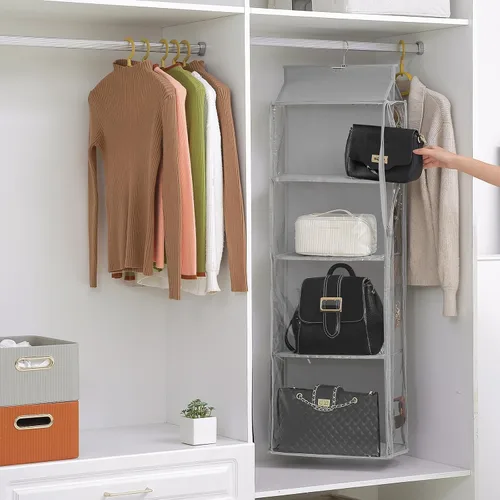 Miniatura 16 de Organizador de bolso colgante de 8 rejillas en 1 paquete con cremalleras dobles, organizador de bolso visible para armario, soporte