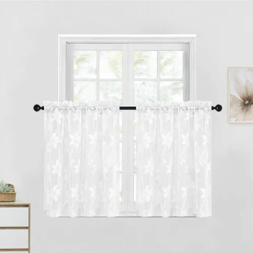Miniatura 24 de DWCN Paquete de 2 cenefas de encaje floral para cocina, 52 x 18 pulgadas, con bolsillo para barra, cortina de gasa para ventana pequeña, cocina