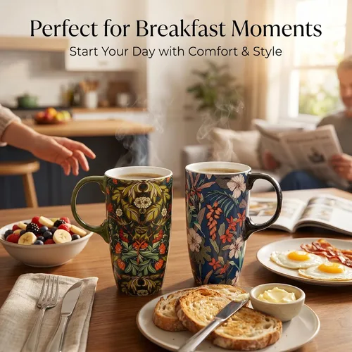 Miniatura 6 de Taza de Café de Cerámica de Porcelana con Tapa para Lata de Té 17oz. Azul y Verde, 2 Piezas
