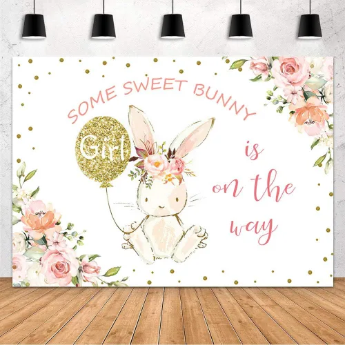 MEHOFOND Fondo de fiesta de conejito de 7 x 5 pies para decoración de fiesta de baby shower, con texto en inglés "Some Sweet Bunny is on the Way",